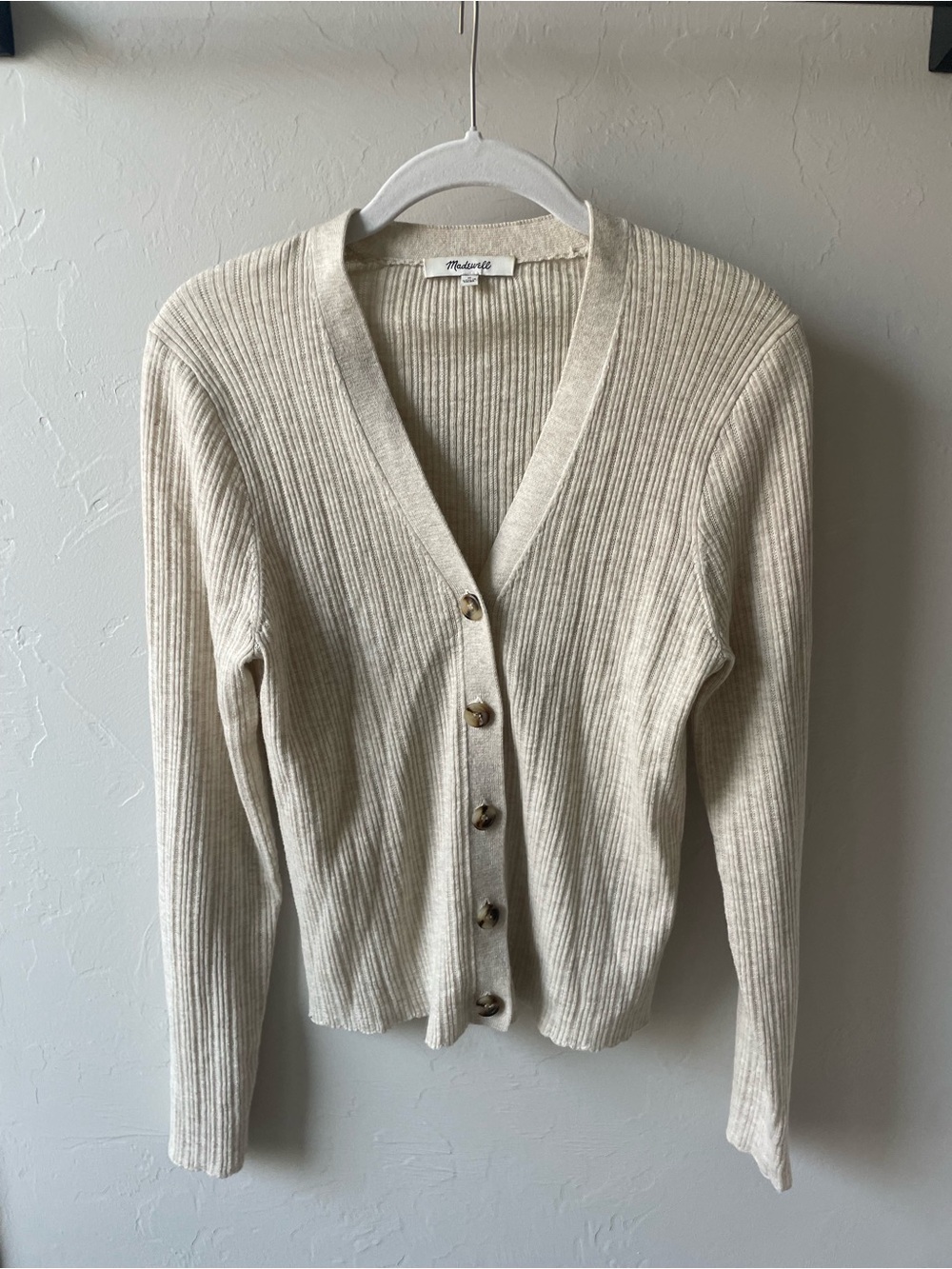 Madewell Beige Lightweight Ribbed V-Neck Button Cardigan
